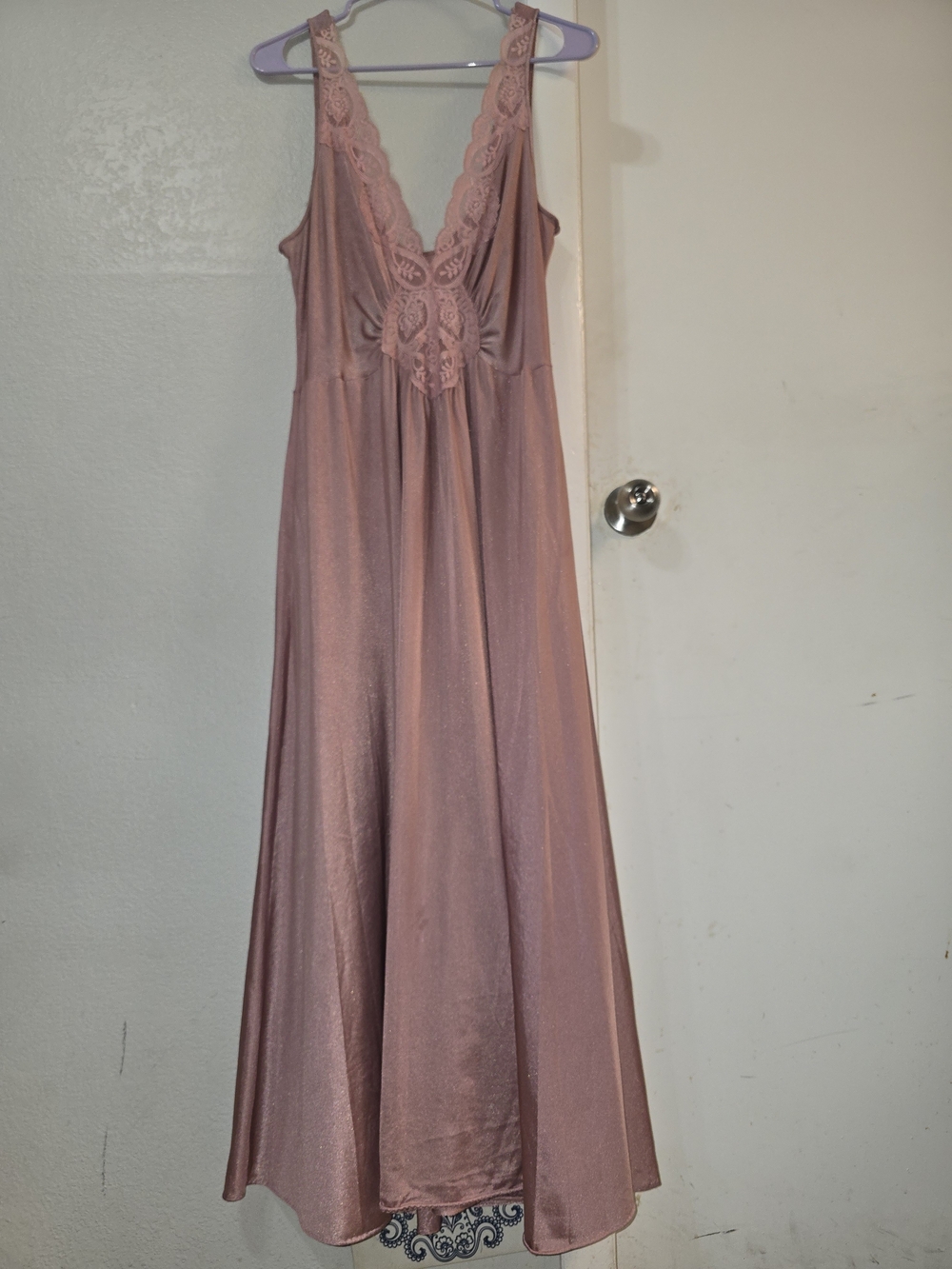 Vintage Olga Dusty Rose Lace-Trim Satin Nightgown